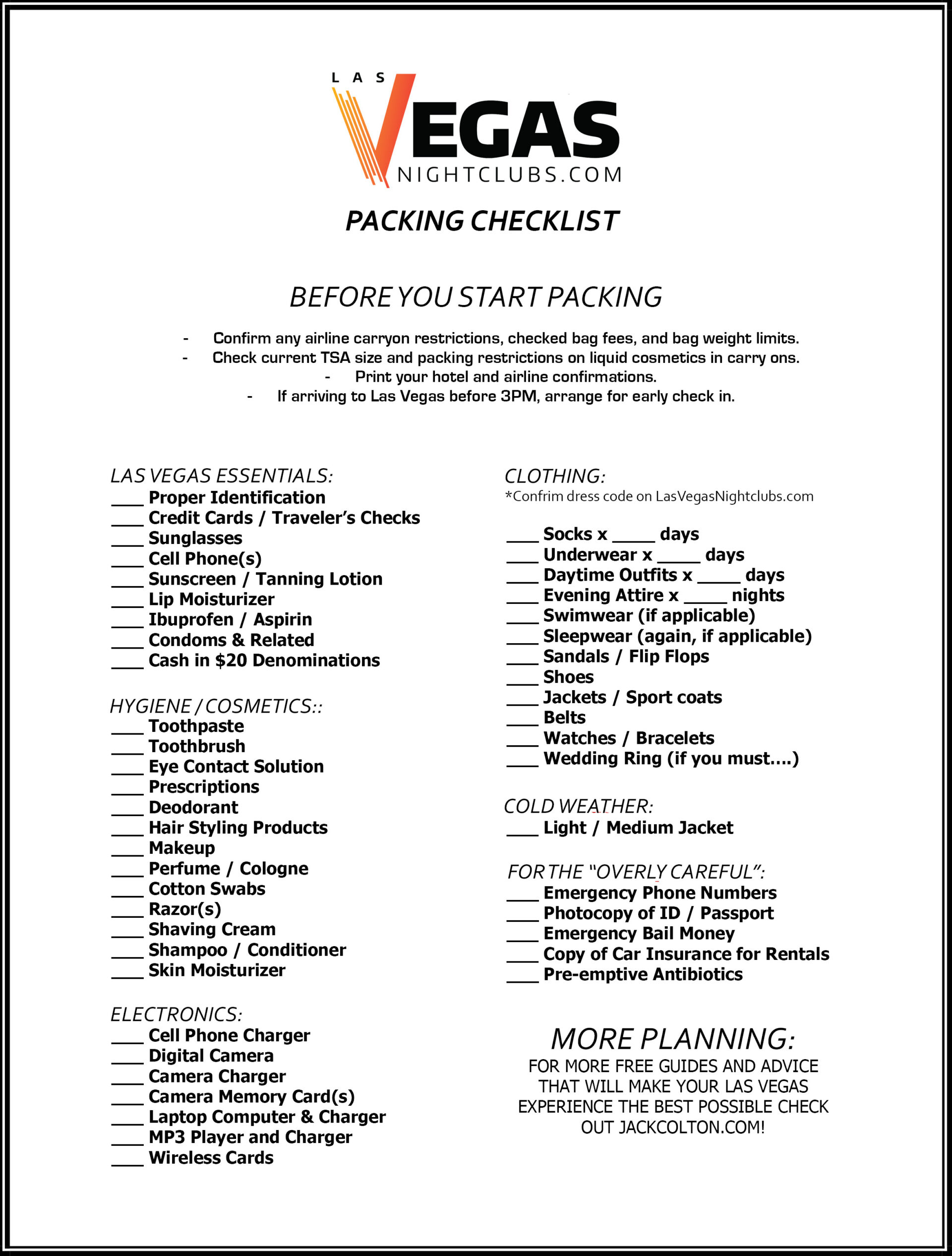 Las Vegas Party Weekend Packing Checklist