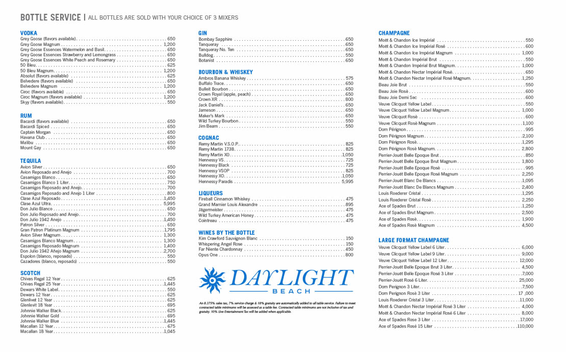 Daylight Beach Club bottle service menu