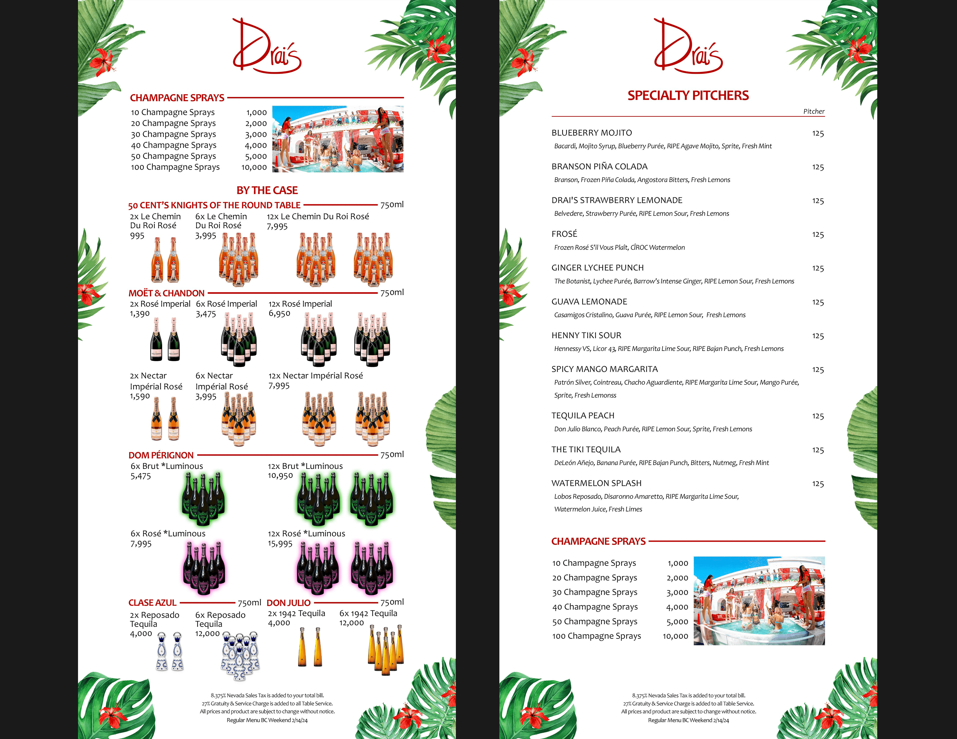 Drais beachclub bottle service menu