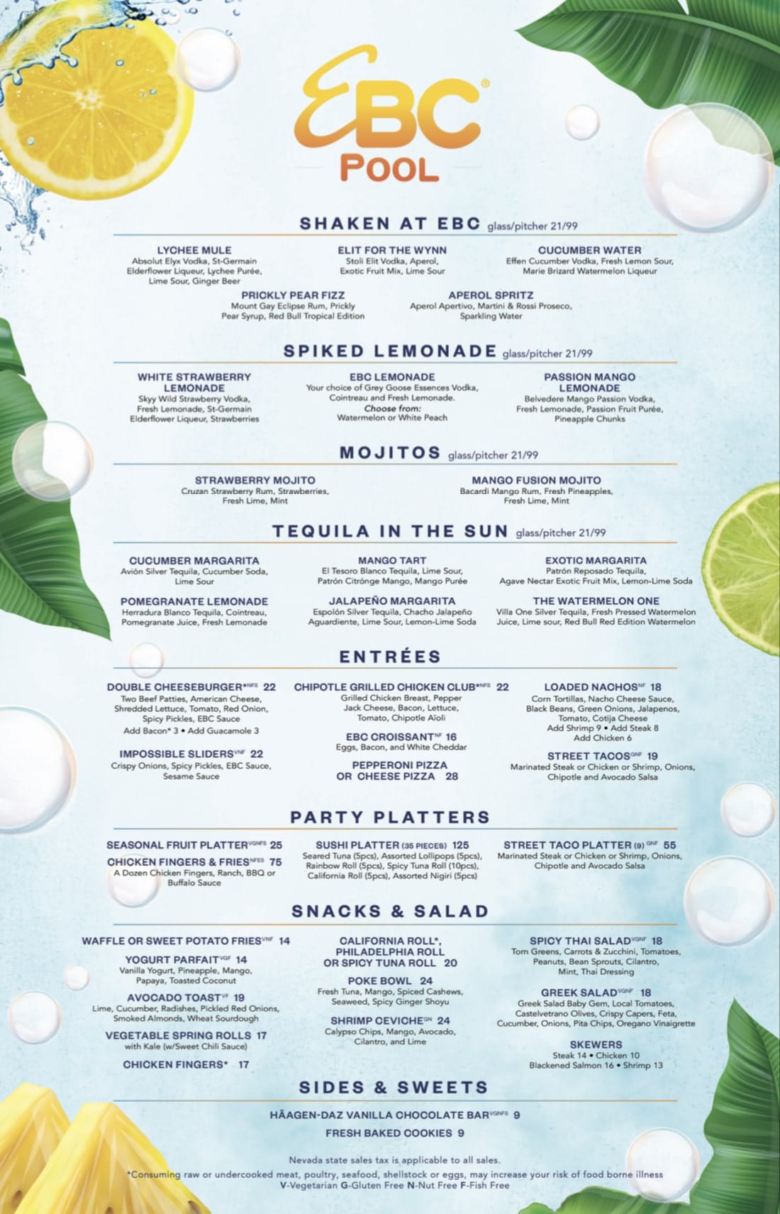 Encore Beach Club food menu