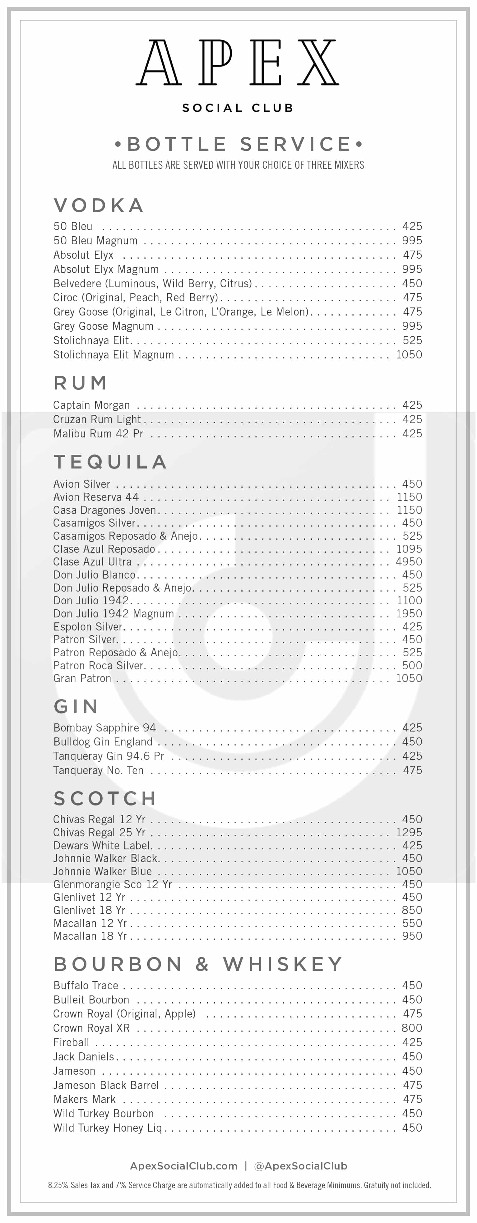 Apex Social Club menu