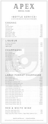 Apex Social Club bottle service menu