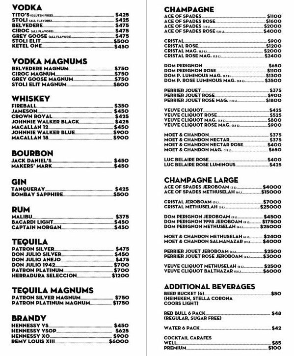 Chateau Nightclub bottle service menu