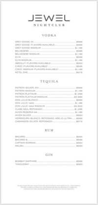 Jewel bottle service menu