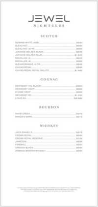 Jewel Nightclub bottle service menu