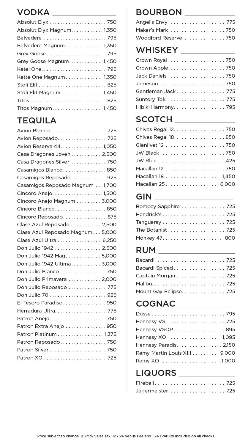zouk bottle service menu