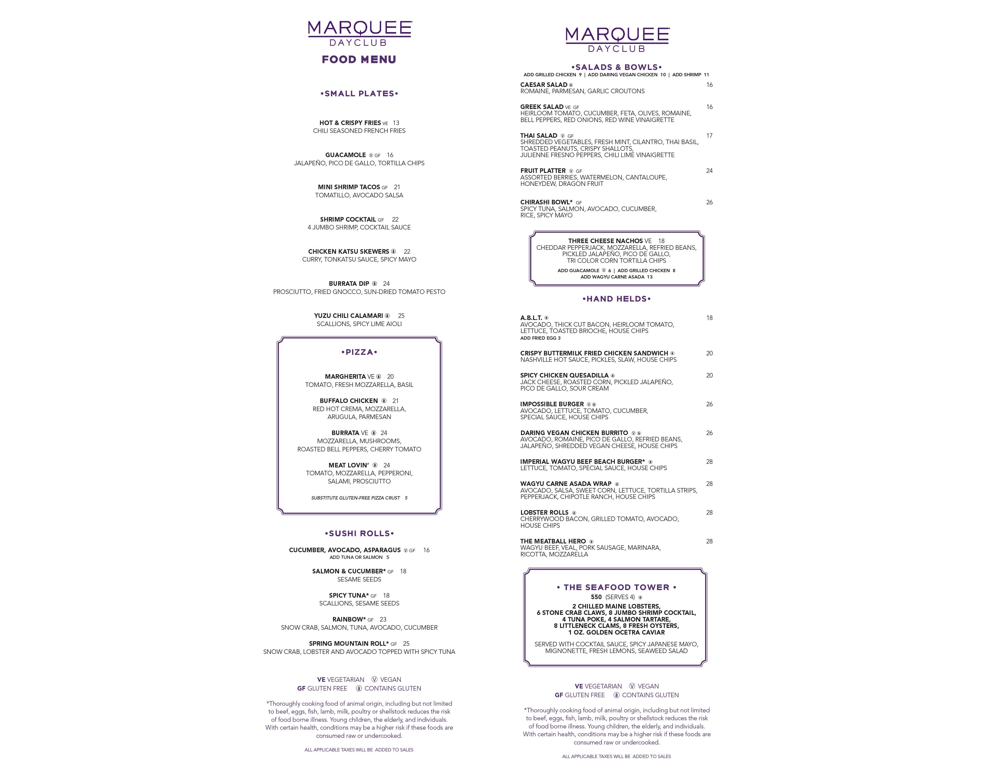 Marquee Dayclub food menu