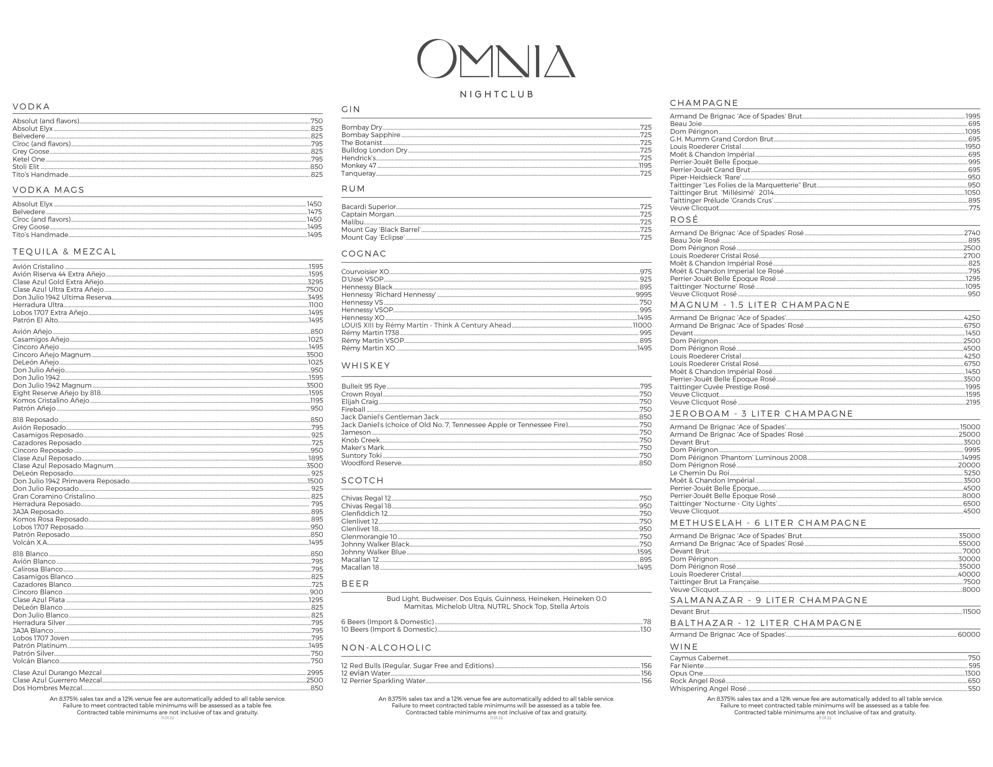 Omnia bottle service menu