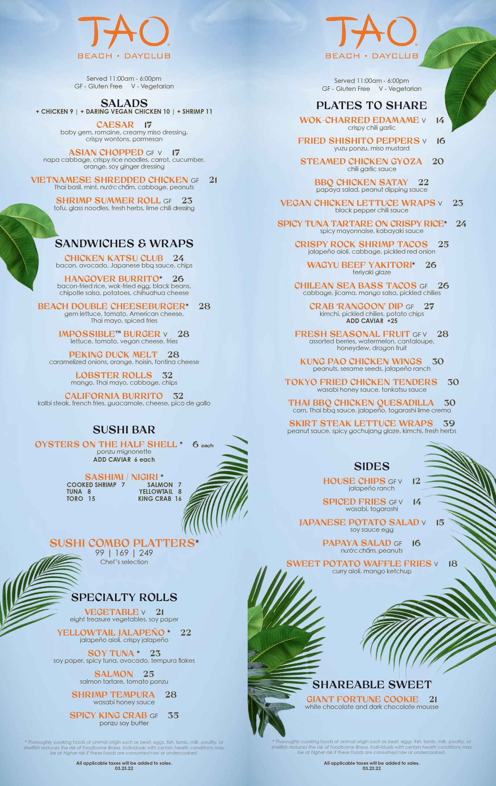 Tao Beach Club food menu