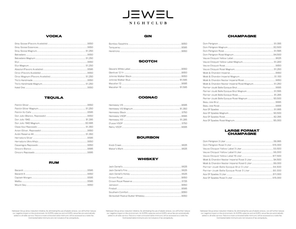 Jewel Nightclub Bottle Service Pricing Menu VIP Reservations