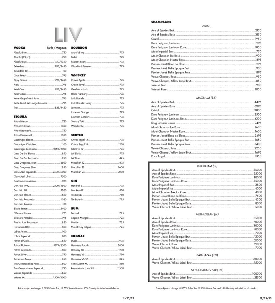 LIV Las Vegas bottle service menu